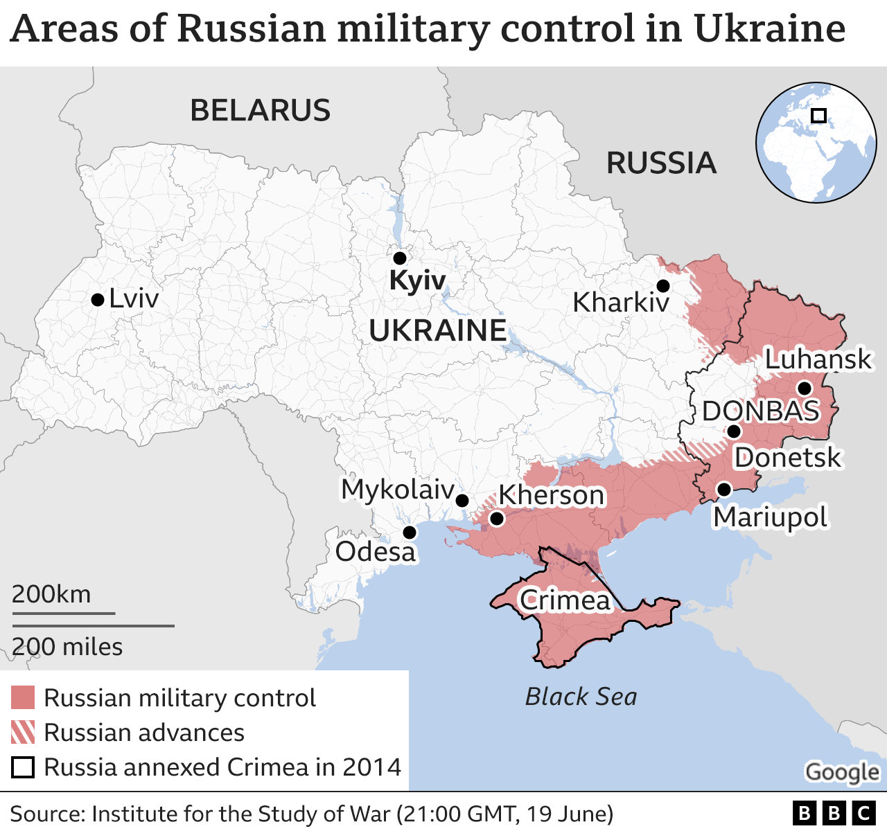 显示俄罗斯控制区域的乌克兰地图，6 月 20 日更新